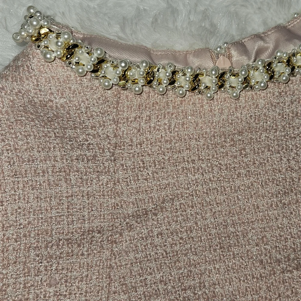 Lefung Pink Tweed Pearl Trim Details Mini Dress High Neck Short Sleeve - Size L - Picture 6 of 7